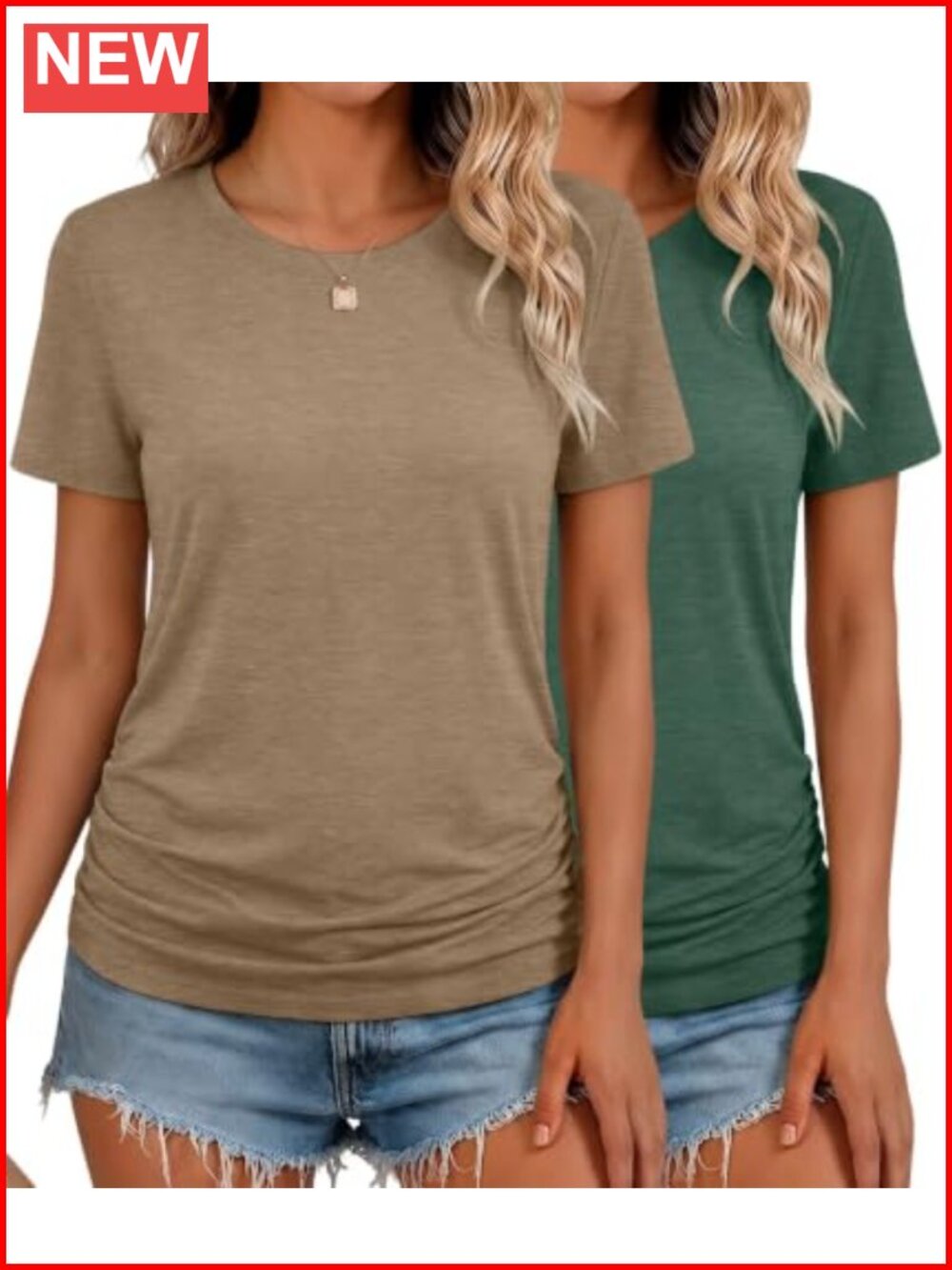 2 Pack Womens Short Sleeve Ruched Tops Crew Neck Summer Tees